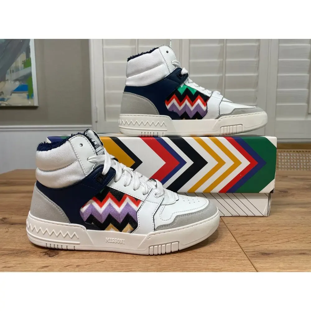 Missoni Basket High Luxury Sneaker White Blue Leather 5 M 6.5 W 37 EU NIB Unisex